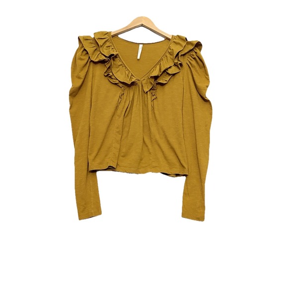 Anthropologie Top Size Large Ruffled Down V-Neck Shirt Ruffle Blouse‎ Holly Gold - Picture 2 of 8